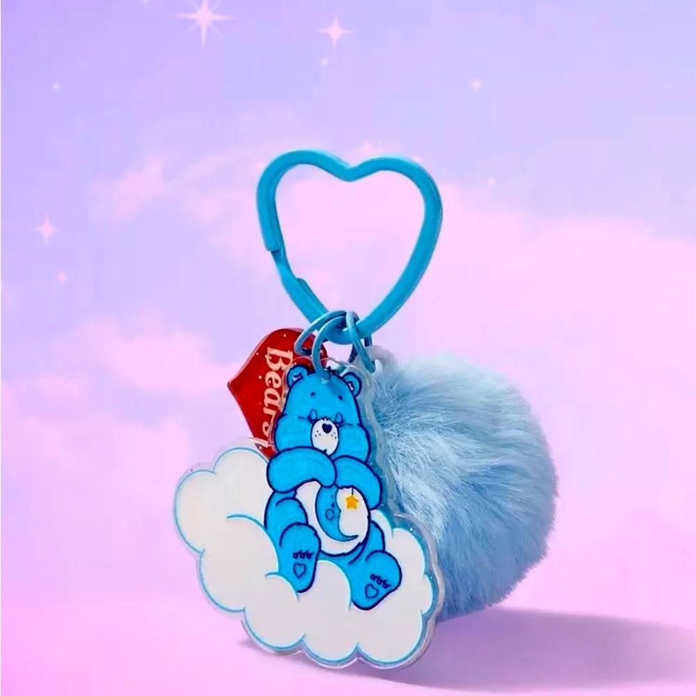 Blue Care Bear Puff Keychain with Heart Clip